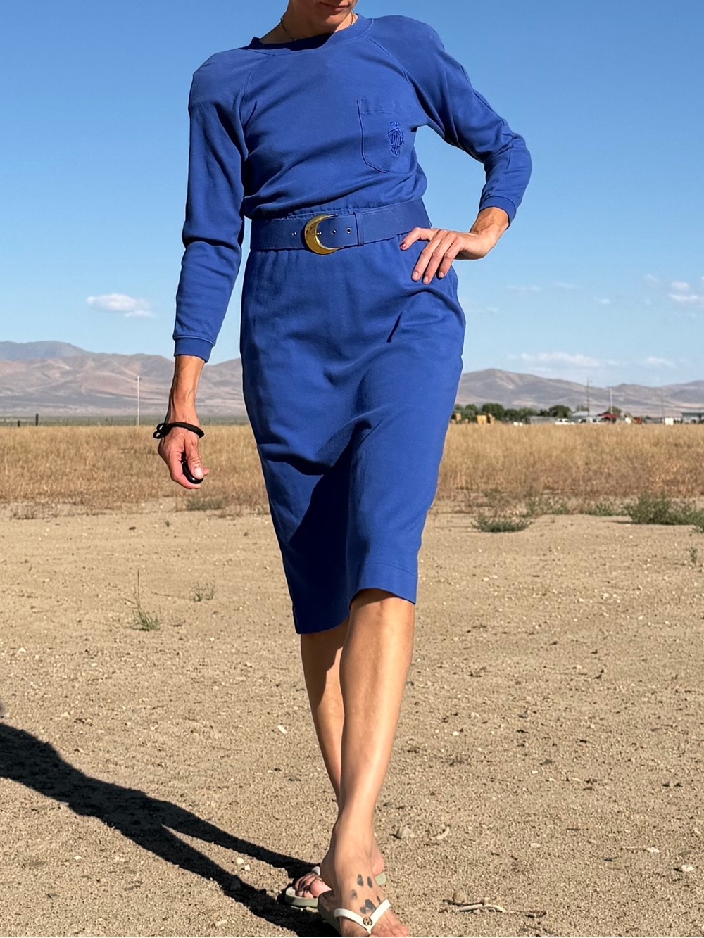 Vintage Norm Thompson 100% COTTON Blue Midi Dress w/ Belt Gold Buttons & Buckle